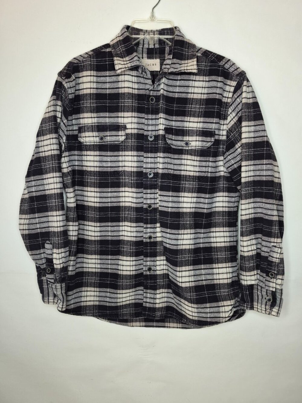 Jachs Mfg Co Mens L 100% Cotton Black Long Sleeve Button Up Plaid Flannel Shirt
